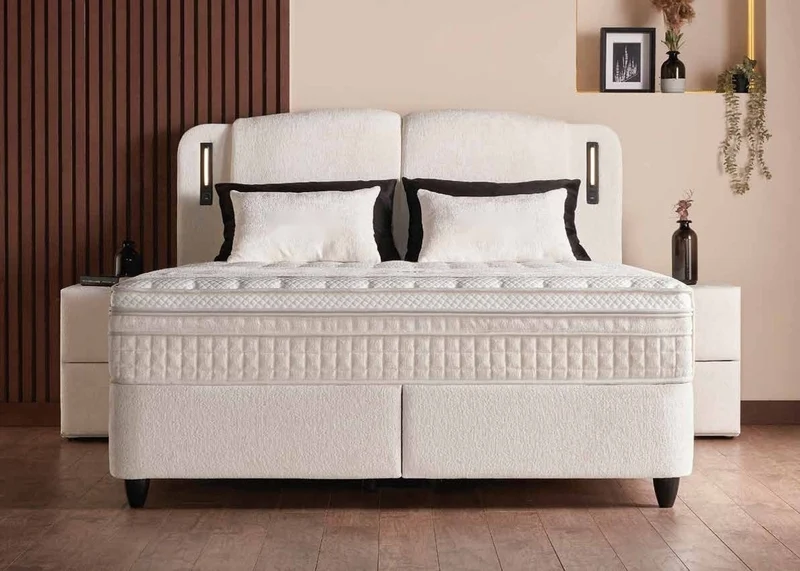 Casa Padrino Luxus Boxspringbett mit zweiteiligem Kopfteil und Leseleuchten Creme 140 x 200 cm - Luxus Schlafzimmer Möbel