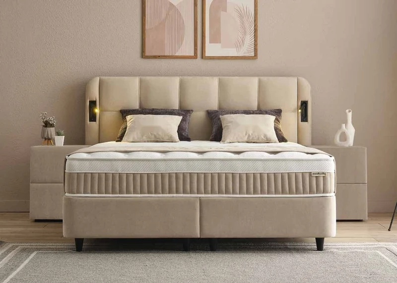 Casa Padrino Luxus Boxspringbett mit gestepptem Kopfteil und Leseleuchten Beige 160 x 200 cm - Luxus Schlafzimmer Möbel