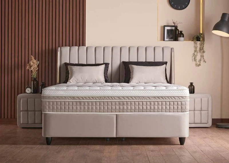 Casa Padrino Luxus Boxspringbett mit Ohrenkopfteil Beige 180 x 200 cm - Luxus Schlafzimmer Möbel