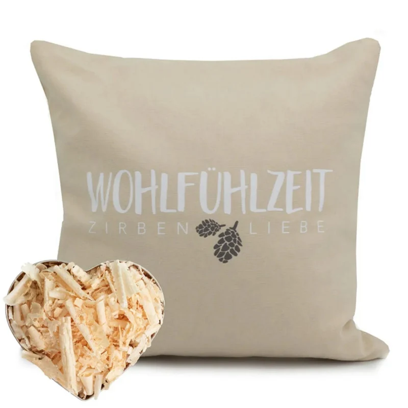 Zirbenkissen 40x40cm, "Wohlfühlzeit - Zirbenliebe", Natur