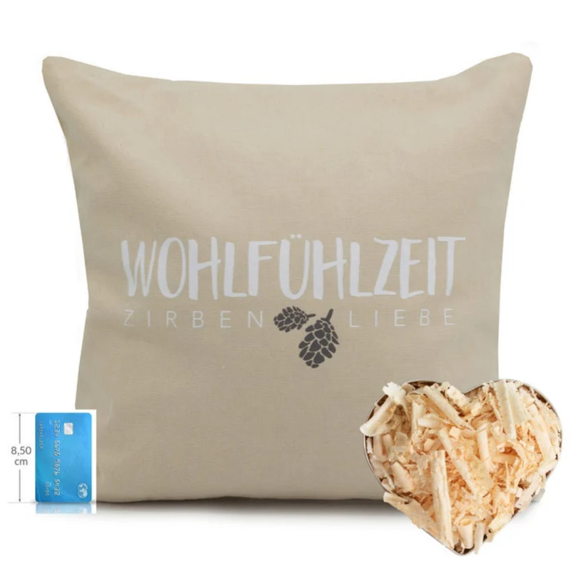 Zirbenkissen 40x40cm, "Wohlfühlzeit - Zirbenliebe", Natur