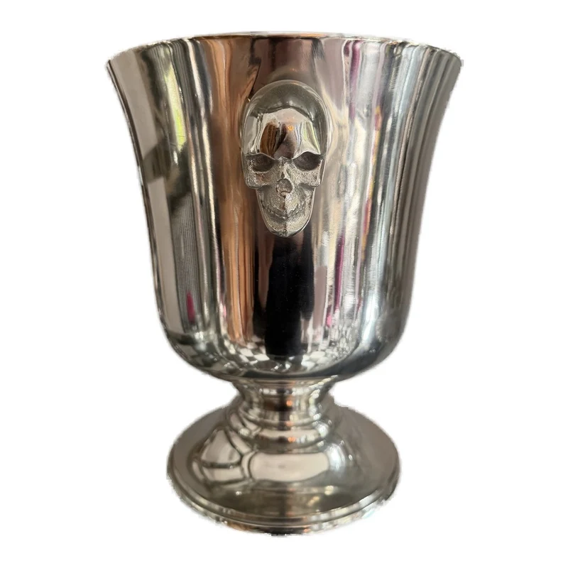 Casa Padrino Luxus Sektkühler Silber mit Totenkopf Griffen - Weinkühler im Pokal Design