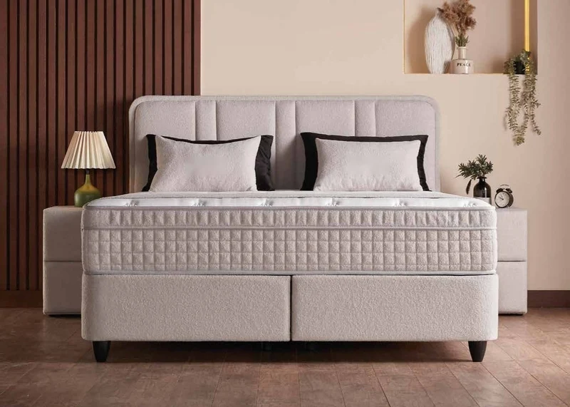 Casa Padrino Luxus Boxspringbett mit gerahmtem Kopfteil Creme 90 x 200 cm - Luxus Schlafzimmer Möbel
