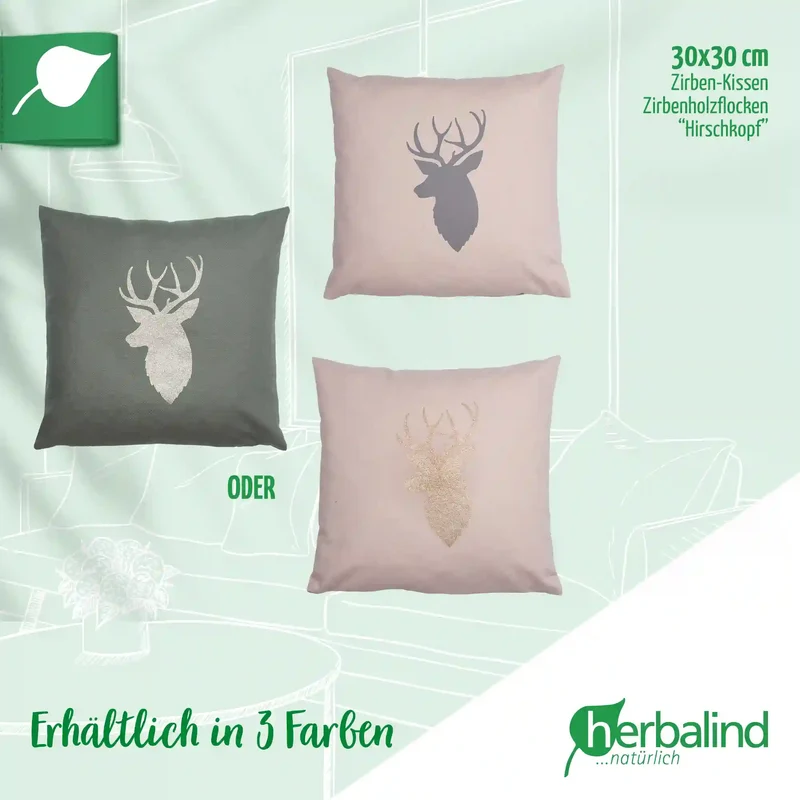 Zirbenkissen 30x30cm, Hirschkopf Grau, Canvas Light Sand