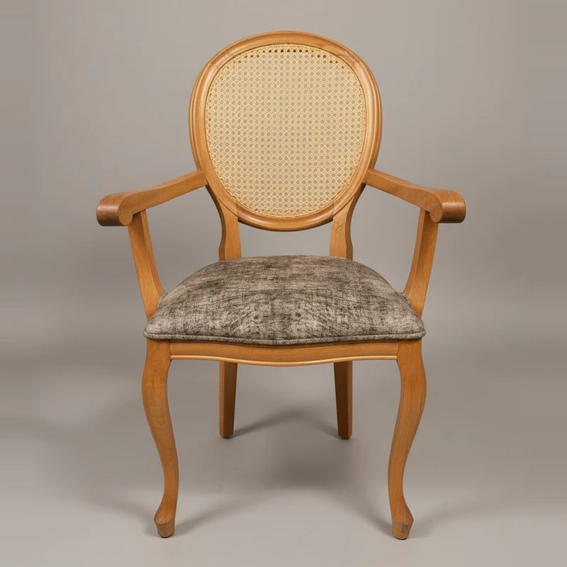 Casa Padrino Armlehnstuhl Naturfarben / Grau - Esszimmerstuhl mit Rattan Rückenlehne