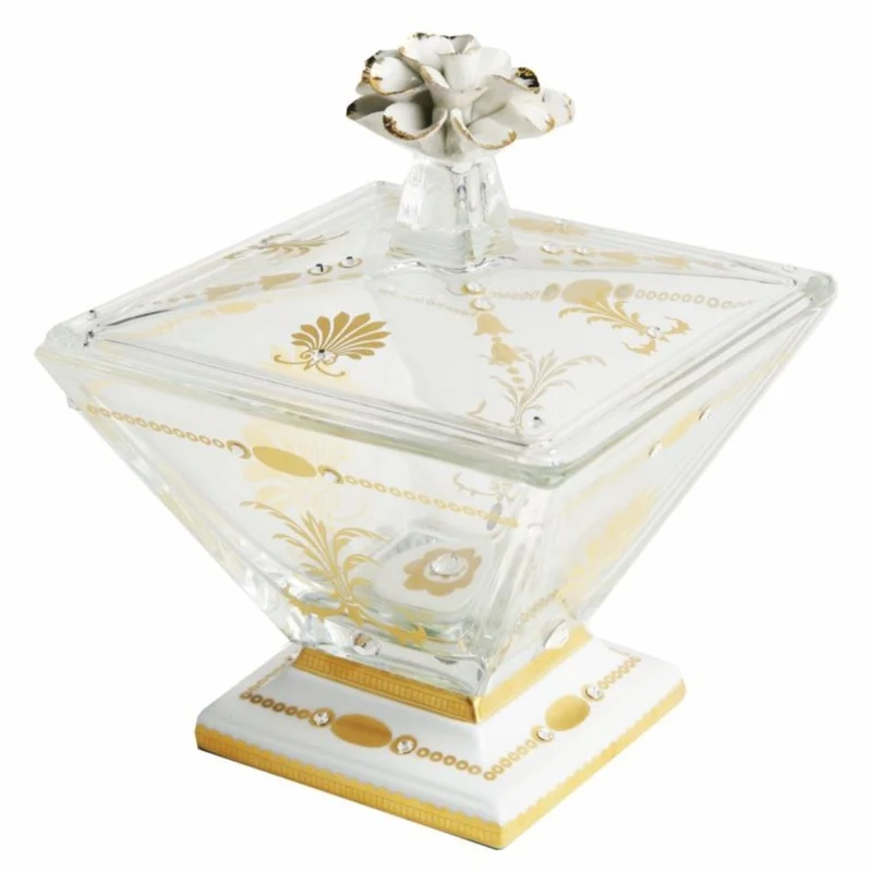 Casa Padrino Luxus Barock Deko Kristallglas & Porzellan Aufbewahrungsschale mit Deckel Weiß / Gold - Made in Italy