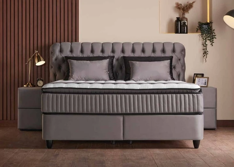 Casa Padrino Luxus Boxspringbett mit Chesterfield Kopfteil Grau 160 x 200 cm - Luxus Schlafzimmer Möbel