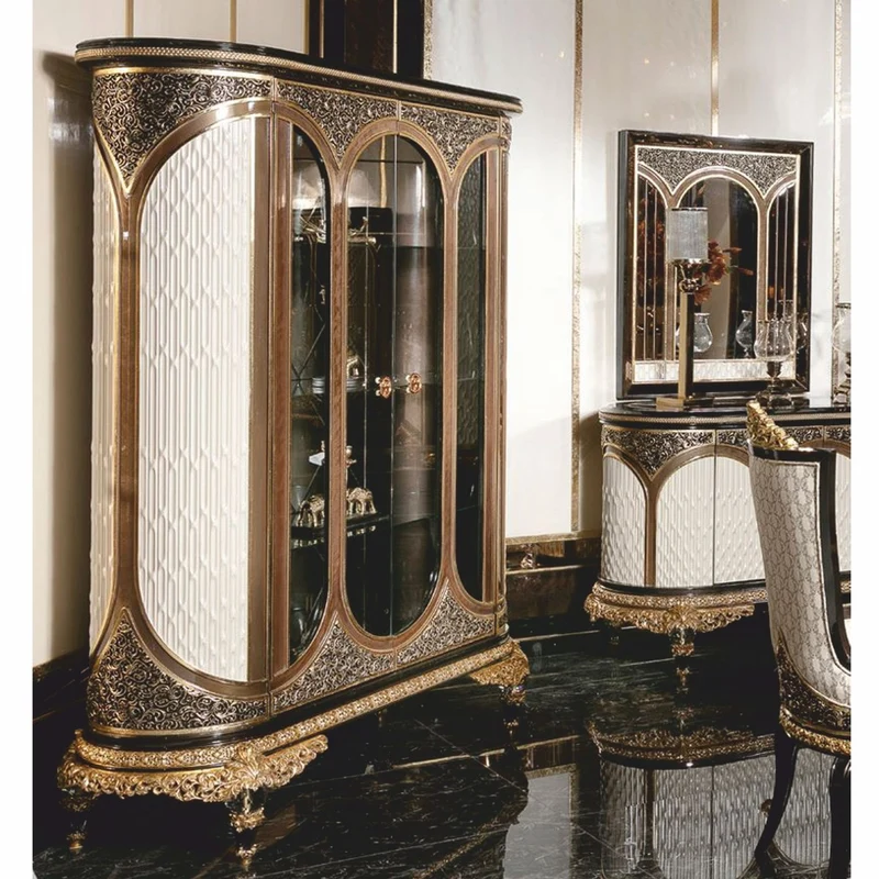 Casa Padrino Luxus Barock Vitrine Weiß / Braun / Schwarz / Gold 157 x H. 200 cm - Prunkvoller Massivholz Vitrinenschrank - Barock Möbel