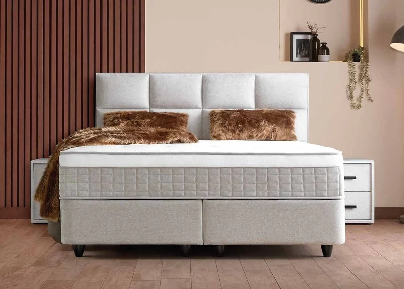 Casa Padrino Luxus Boxspringbett mit Kopfteil in Feldoptik Creme 140 x 200 cm - Luxus Schlafzimmer Möbel