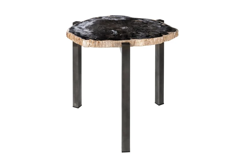 Casa Padrino Luxus Beistelltisch Braun 65 x 65 x H. 67 cm - Beistelltisch mit Tischplatte aus versteinertem Holz und Edelstahlfuß - Luxus Möbel