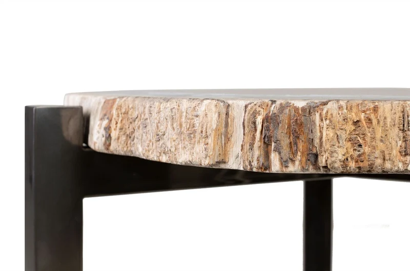 Casa Padrino Luxus Beistelltisch Braun 65 x 65 x H. 67 cm - Beistelltisch mit Tischplatte aus versteinertem Holz und Edelstahlfuß - Luxus Möbel