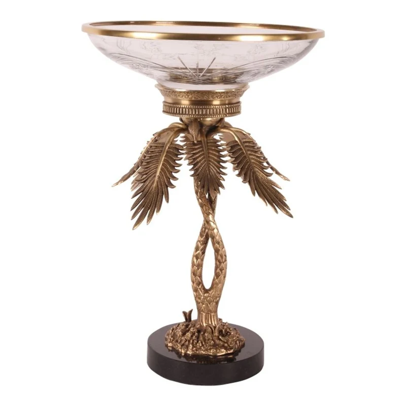 Casa Padrino Luxus Tafelaufsatz Palme Messing / Schwarz Ø 35 x H. 54 cm - Deko Schale auf Palmenfuß