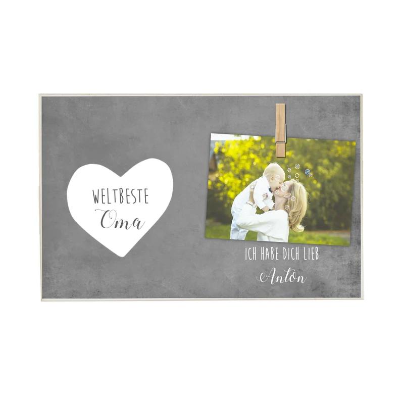 "Weltbeste Oma" Personalisiertes Geschenk für Großmütter | Fotogeschenk mit Holzklammer zum individuellen Befestigen eines Fotos