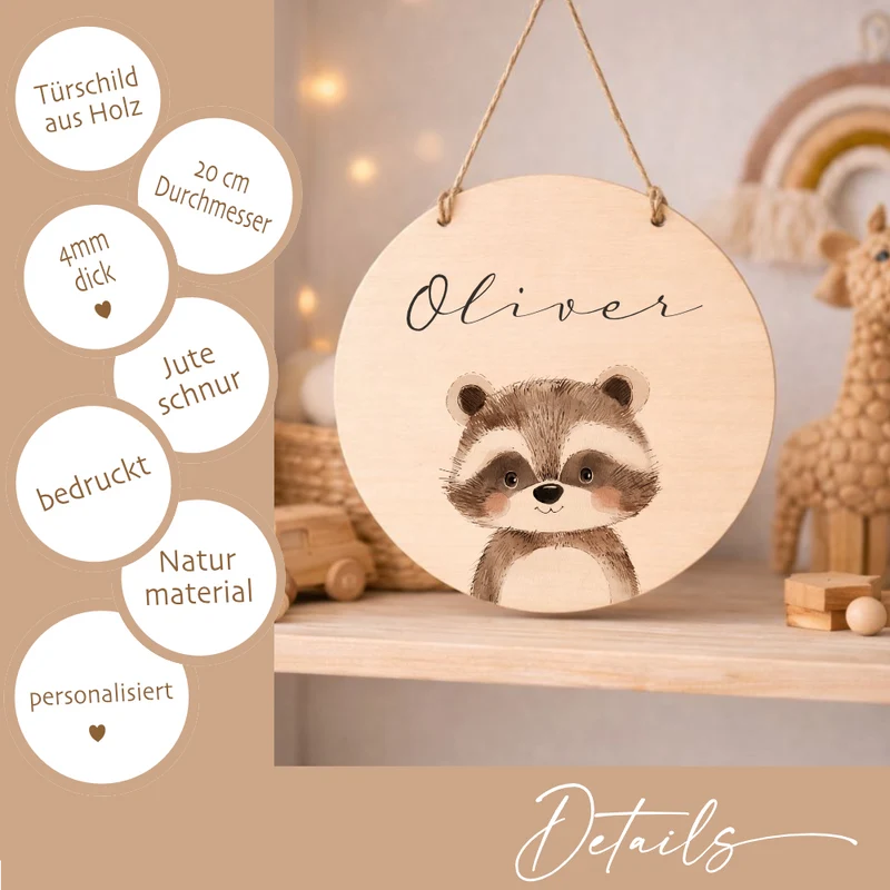 Personalisiertes Holzschild für Kinderzimmer – Türschild aus Holz mit Name & Tiermotiv – Geschenk zur Geburt & Taufe
