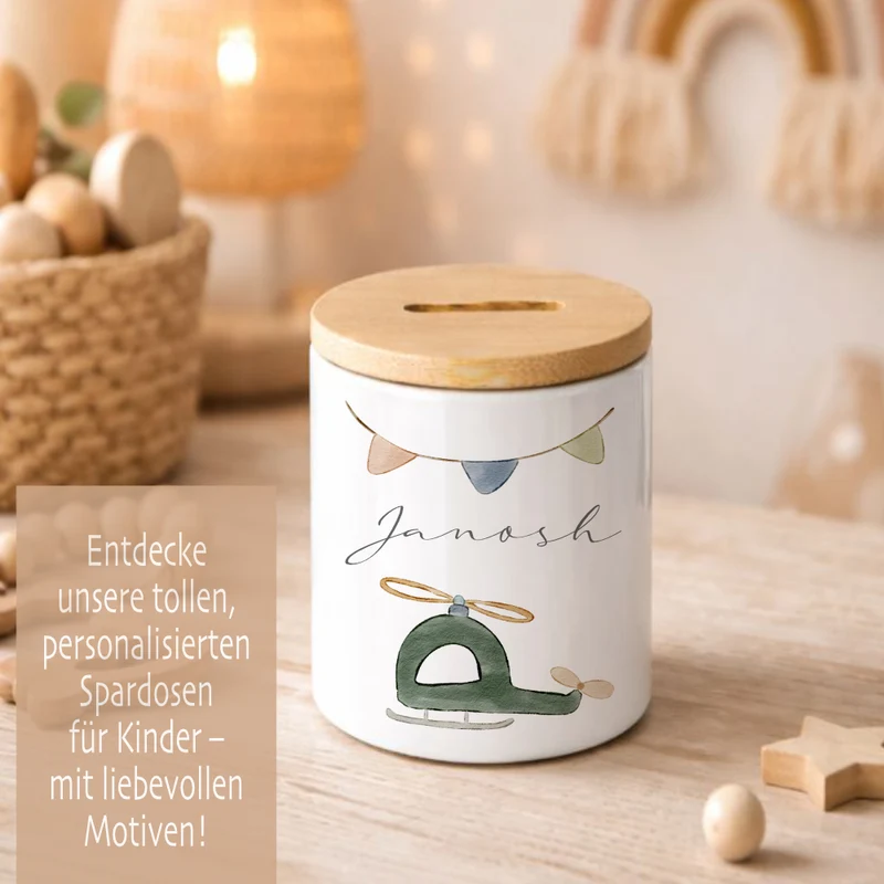 Kinderspardose mit Namen – Personalisierte Spardose aus Keramik mit Bambusdeckel