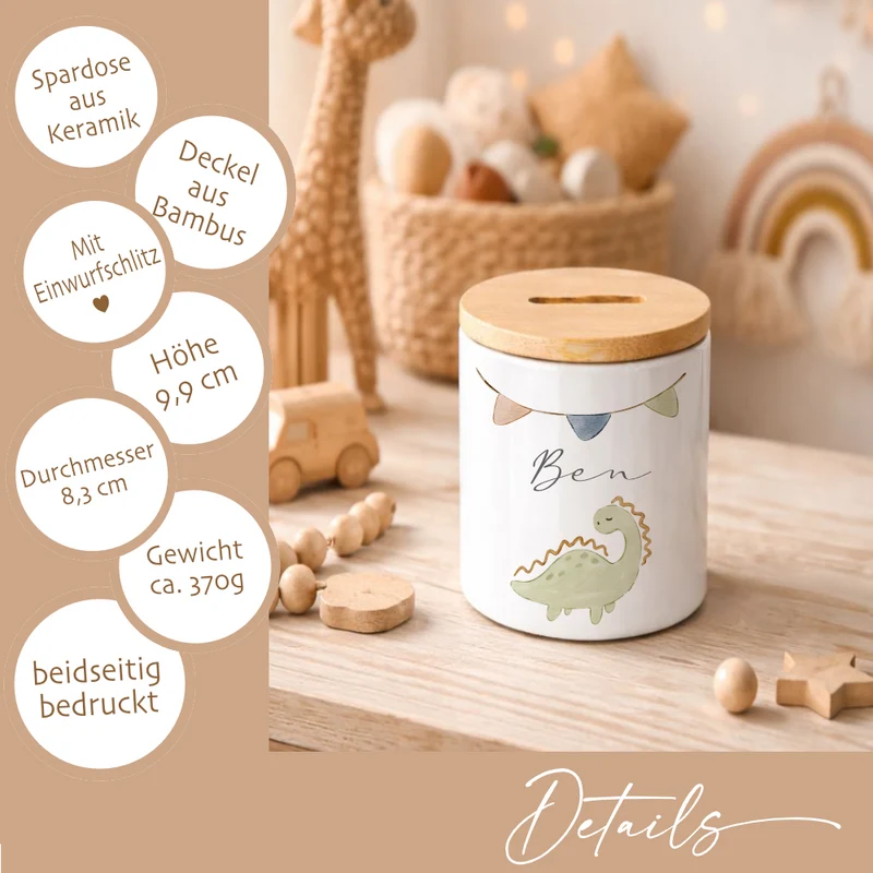 Kinderspardose mit Namen – Personalisierte Spardose aus Keramik mit Bambusdeckel