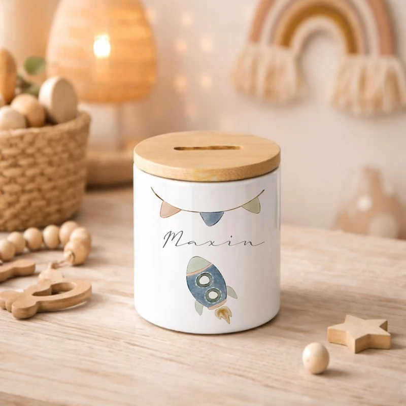 Kinderspardose mit Namen – Personalisierte Spardose aus Keramik mit Bambusdeckel