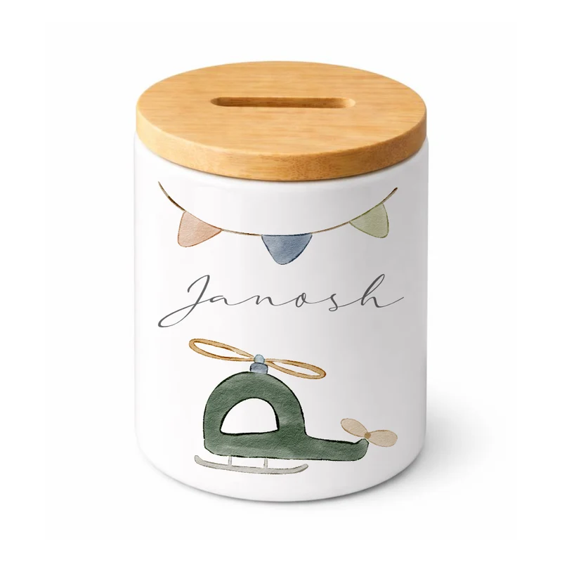 Kinderspardose mit Namen – Personalisierte Spardose aus Keramik mit Bambusdeckel