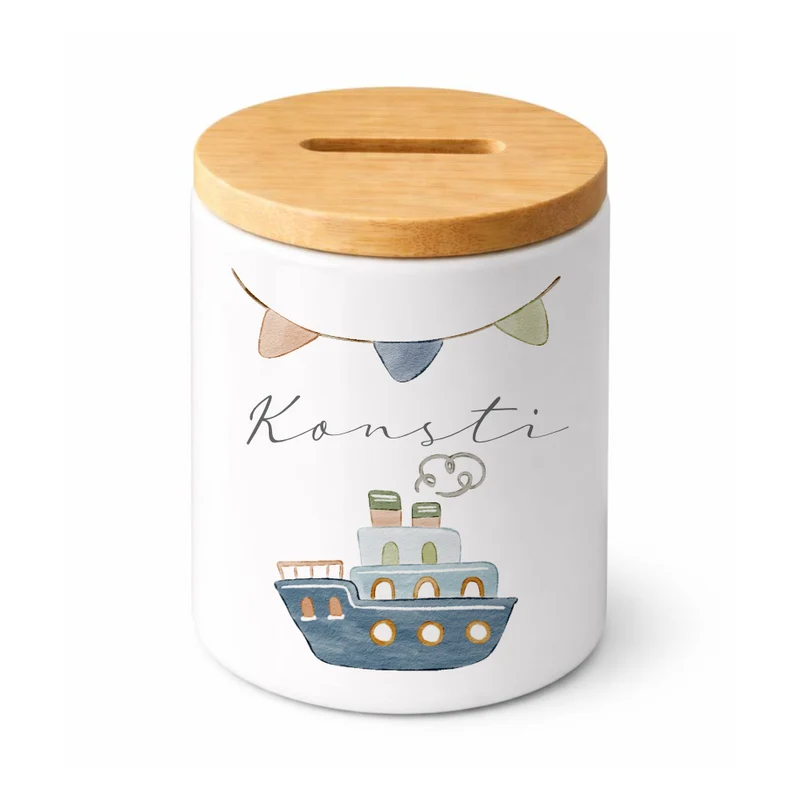 Kinderspardose mit Namen – Personalisierte Spardose aus Keramik mit Bambusdeckel