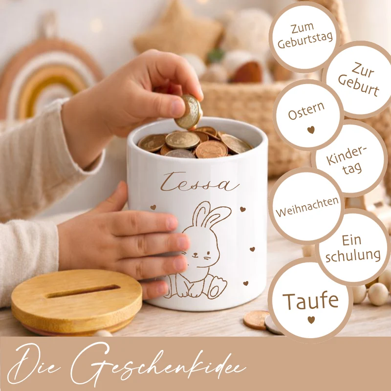 Personalisierte Kinderspardose mit Namen aus Keramik & Bambusdeckel