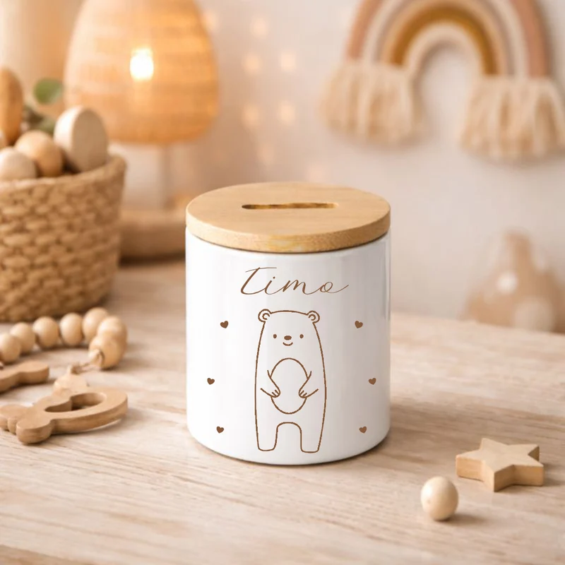 Personalisierte Kinderspardose mit Namen aus Keramik & Bambusdeckel