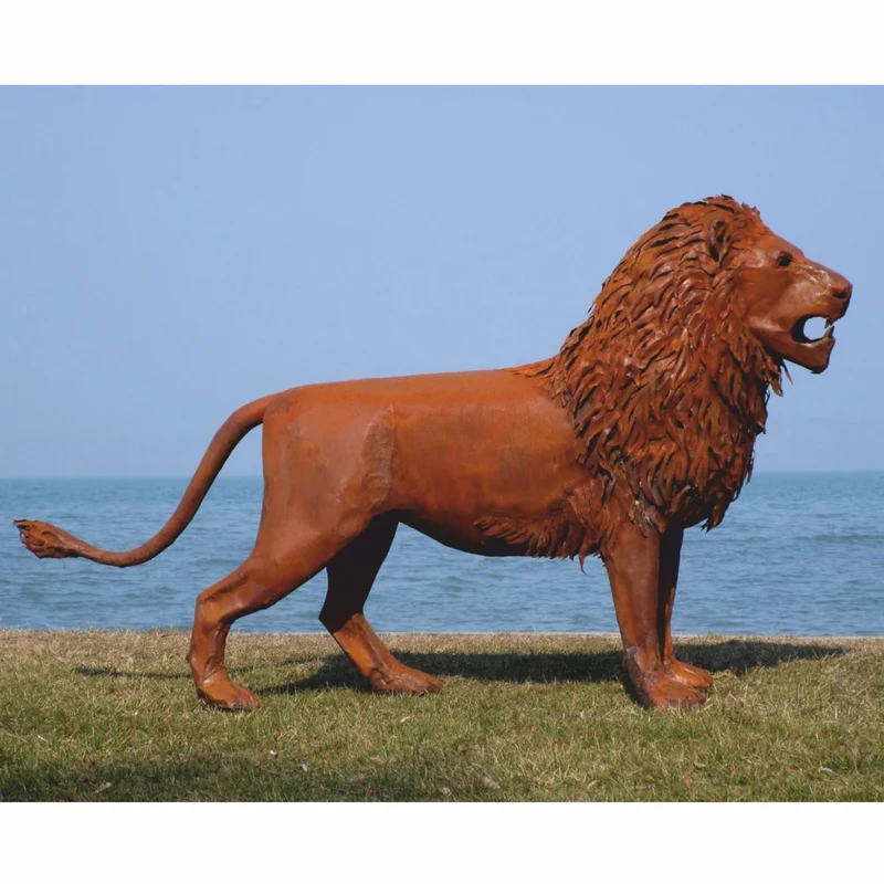 Casa Padrino Luxus Deko Skulptur Löwe Rost 218 cm - Lebensgroße Stahl Skulptur - Garten Deko Figur - Garten Metall Skulpturen