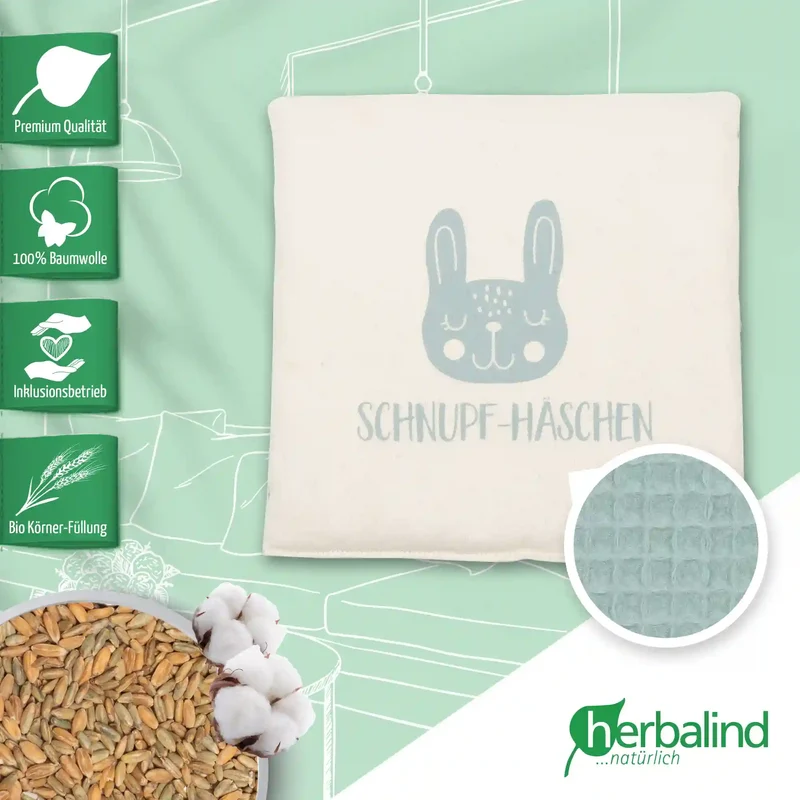 Körnerkissen Kinderkissen mit Minze 19x19cm, "Schnupf-Häschen", Waffel-Pique Petrol