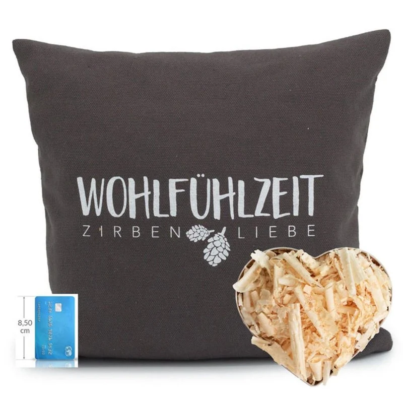 Zirbenkissen 40x40cm, "Wohlfühlzeit - Zirbenliebe", Anthrazit