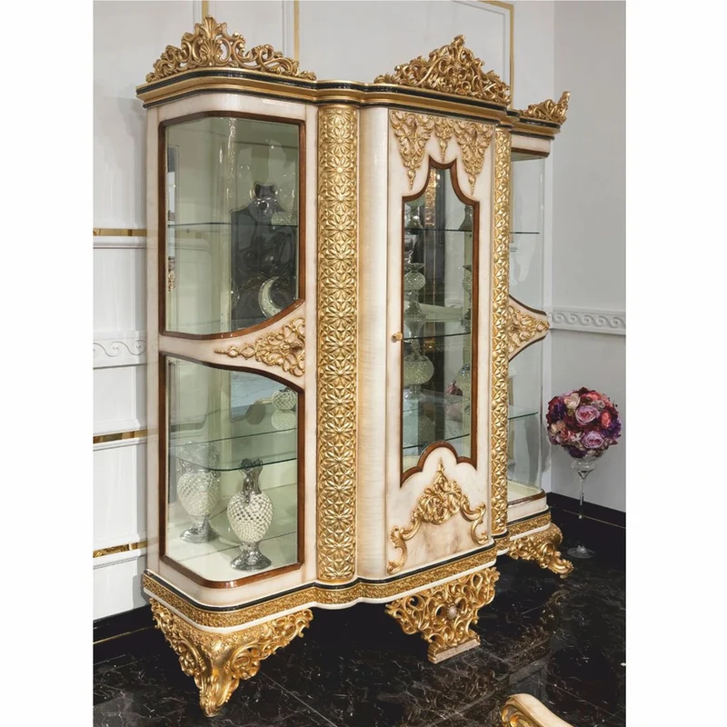 Casa Padrino Luxus Barock Vitrine Weiß / Gold / Braun 170 x H. 230 cm - Prunkvoller Massivholz Vitrinenschrank - Barock Möbel