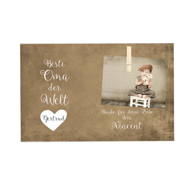 "Beste Oma der Welt" Originelles Geschenk für Großmütter | Personalisiertes Fotogeschenk mit Holzklammer zum individuellen Befestigen eines Fotos