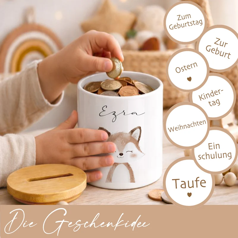Personalisierte Kinder-Spardose aus Keramik mit Bambusdeckel – liebevolles Geschenk