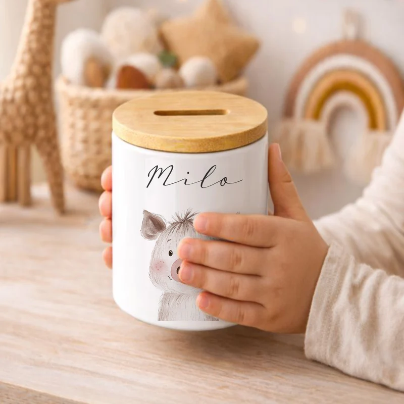 Personalisierte Kinder-Spardose aus Keramik mit Bambusdeckel – liebevolles Geschenk