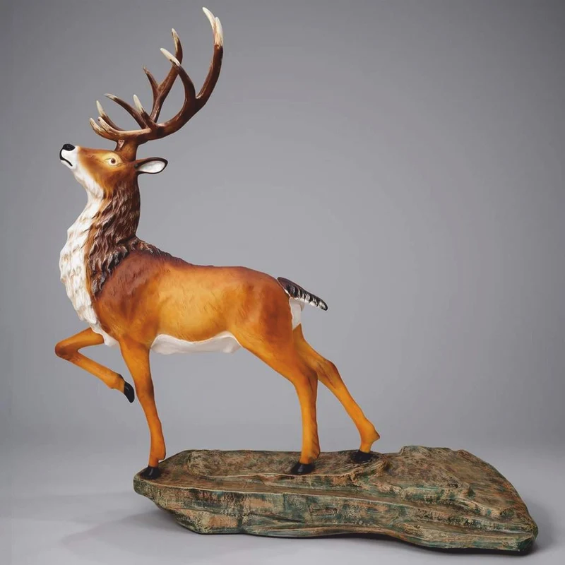 Casa Padrino XXL Deko Skulptur Hirsch auf Felsen Braun / Weiß H. 200 cm - Lebensgroße Garten Figur