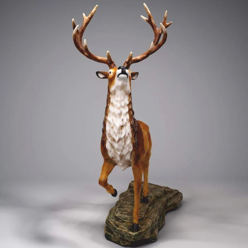 Casa Padrino XXL Deko Skulptur Hirsch auf Felsen Braun / Weiß H. 200 cm - Lebensgroße Garten Figur
