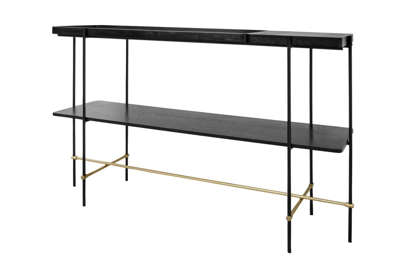 Casa Padrino Luxus Konsole Gold / Schwarz 140 x 40 x H. 90 cm - Konsolentisch mit gebürstetem Edelstahlgestell und schwarzen Eichenfurnier Flächen - Luxus Möbel