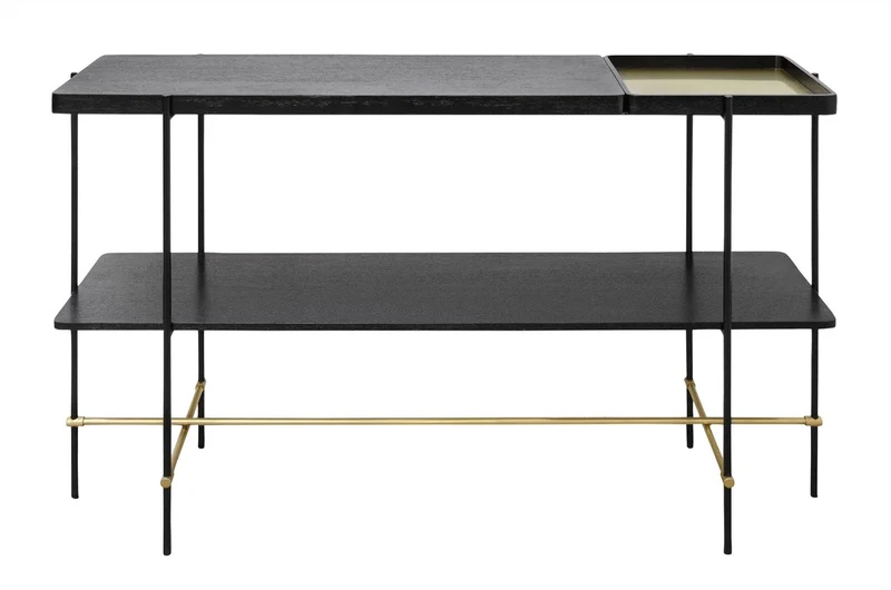 Casa Padrino Luxus Konsole Gold / Schwarz 140 x 40 x H. 90 cm - Konsolentisch mit gebürstetem Edelstahlgestell und schwarzen Eichenfurnier Flächen - Luxus Möbel