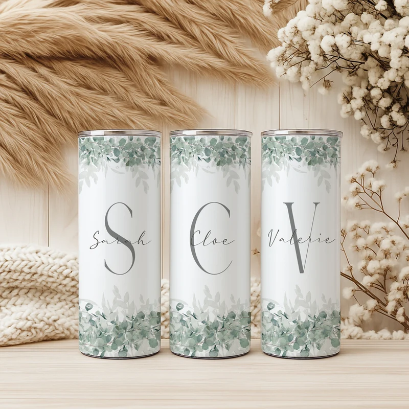 Personalisierter Edelstahl Thermobecher mit Namen & Initialen Eukalyptus Design Kaffeebecher to go mit Strohhalm Geschenk für Frauen Mädchen