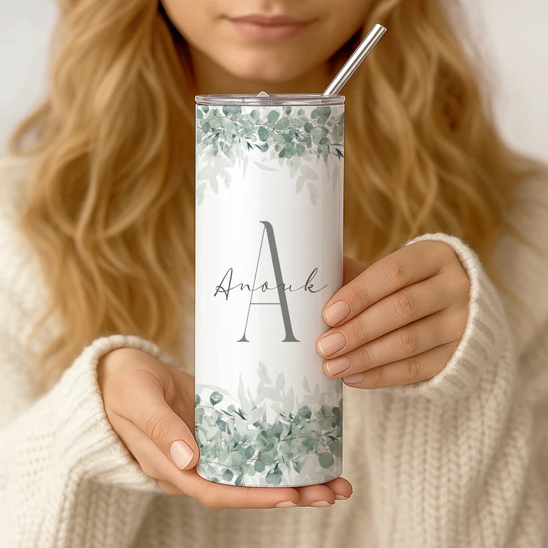 Personalisierter Edelstahl Thermobecher mit Namen & Initialen Eukalyptus Design Kaffeebecher to go mit Strohhalm Geschenk für Frauen Mädchen