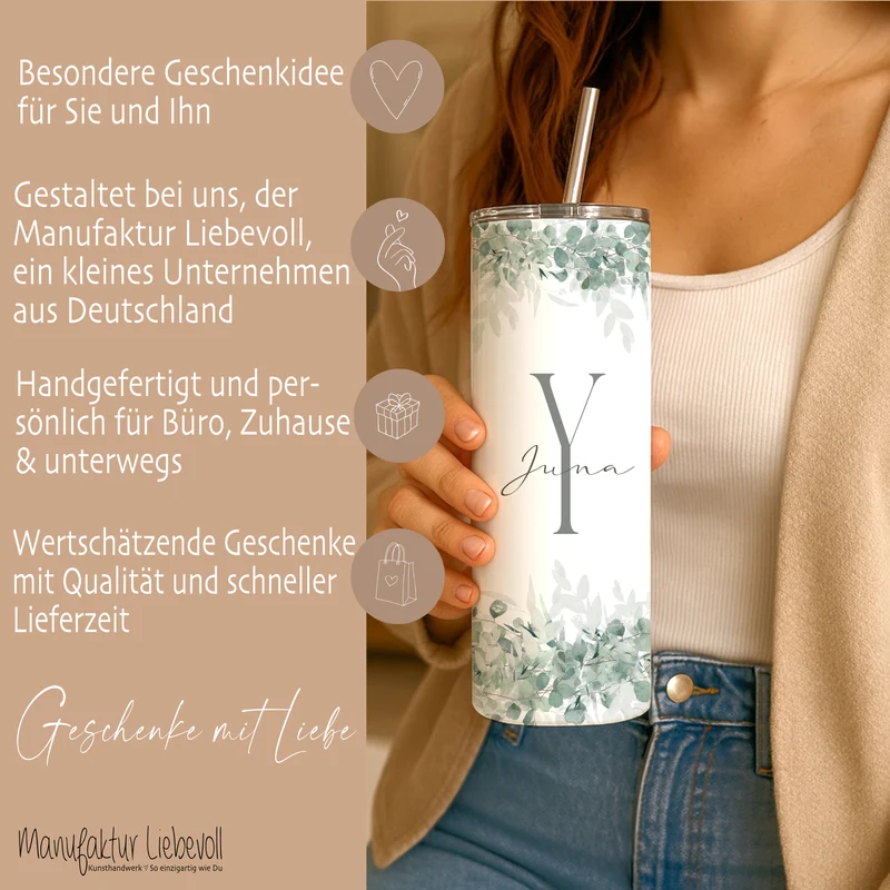 Personalisierter Edelstahl Thermobecher mit Namen & Initialen Eukalyptus Design Kaffeebecher to go mit Strohhalm Geschenk für Frauen Mädchen