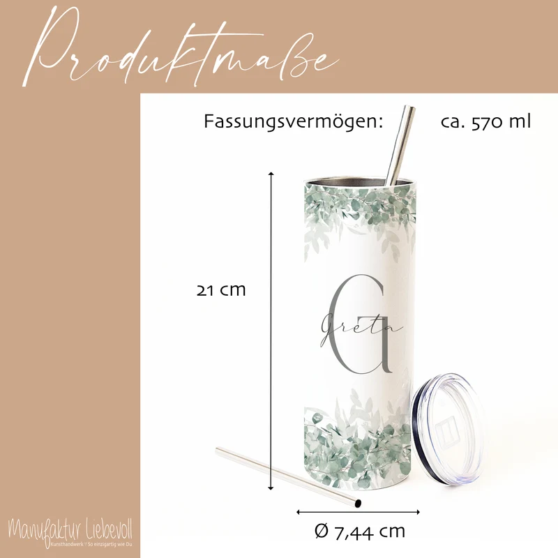 Personalisierter Edelstahl Thermobecher mit Namen & Initialen Eukalyptus Design Kaffeebecher to go mit Strohhalm Geschenk für Frauen Mädchen