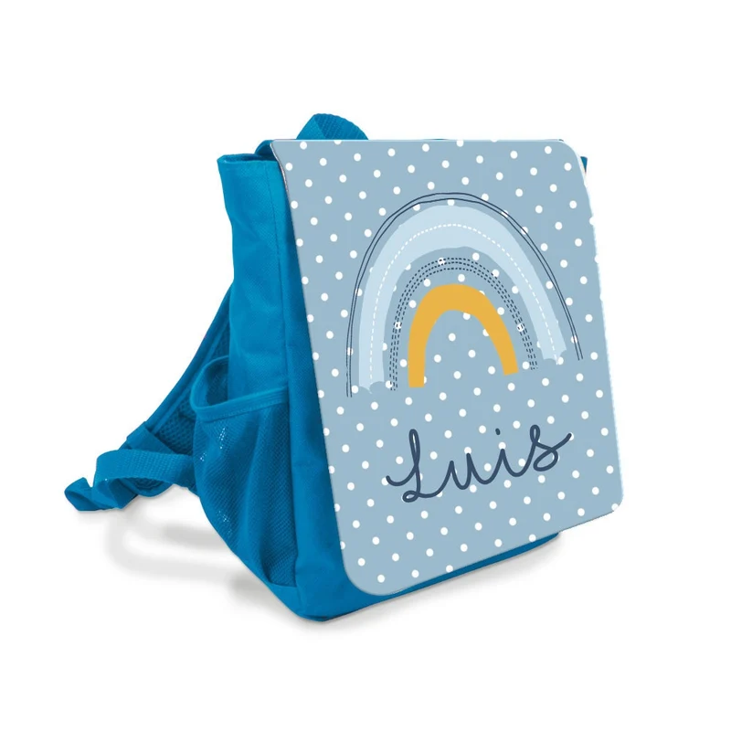 Schöner Rucksack für Kinder mit einem Regenbogen gestaltet | Personalisierter Kinderrucksack in Blau und Pink für Jungen u. Mädchen | Perfektes Geschenk für Kindergartenkinder im Alter von 2-5 Jahre | 2 Farbvarianten zur Auswahl