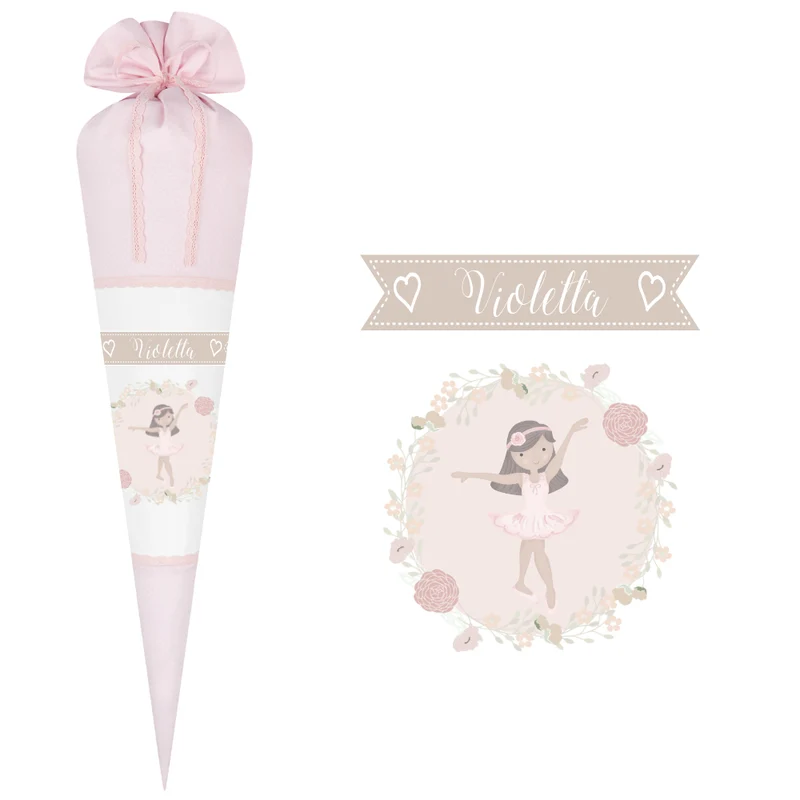 Schöne Schultüte für Mädchen mit Ballerina und Namen des Kindes | Besondere Stoffschultüte liebevoll personalisiert | Optional mit Füllkissen und Spitzenschutz