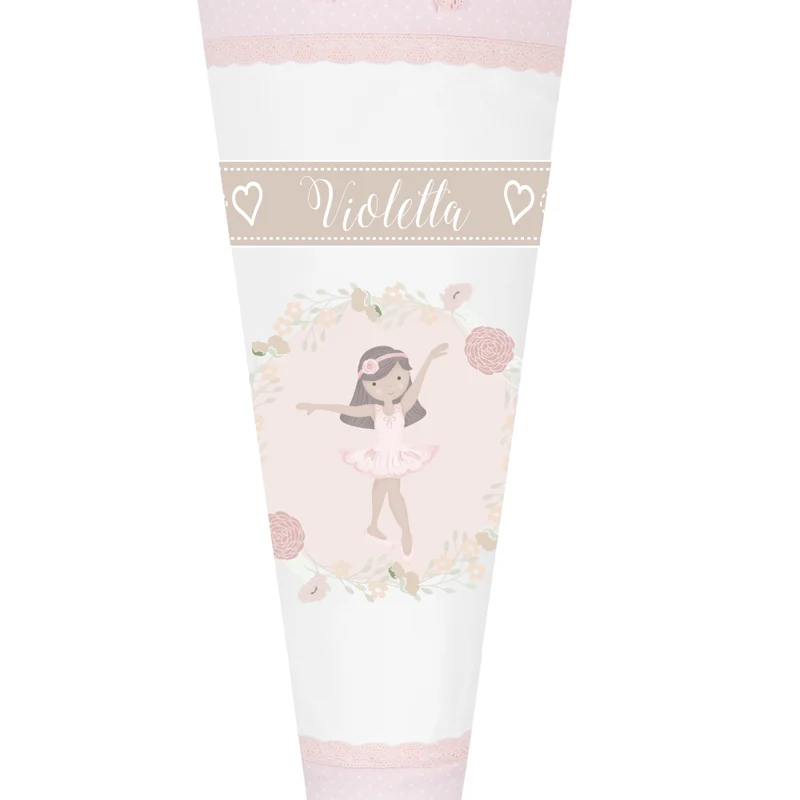 Schöne Schultüte für Mädchen mit Ballerina und Namen des Kindes | Besondere Stoffschultüte liebevoll personalisiert | Optional mit Füllkissen und Spitzenschutz