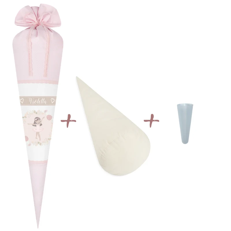 Schöne Schultüte für Mädchen mit Ballerina und Namen des Kindes | Besondere Stoffschultüte liebevoll personalisiert | Optional mit Füllkissen und Spitzenschutz