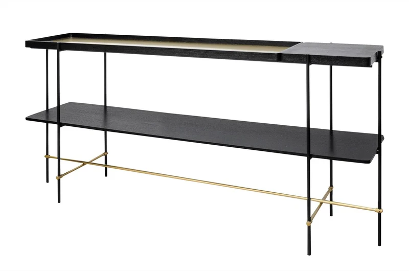 Casa Padrino Luxus Konsole Gold / Schwarz 180 x 40 x H. 90 cm - Langer Konsolentisch mit gebürstetem Edelstahlgestell und schwarzen Eichenfurnier Flächen - Luxus Möbel