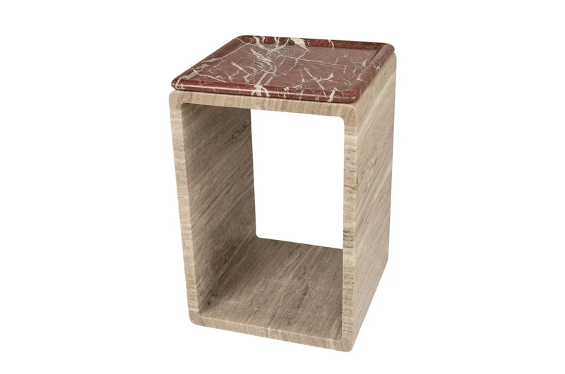 Casa Padrino Luxus Marmor Beistelltisch Beige / Weinrot 40 x 40 x H. 60 cm - Runder Beistelltisch mit skulpturalem Fuß aus hochwertigem Marmor mit Rosso Levanto Partien - Luxus Möbel