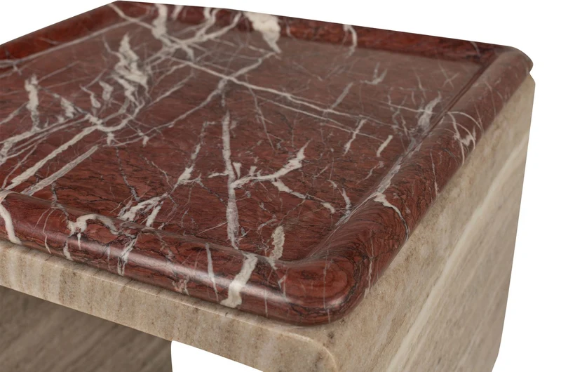 Casa Padrino Luxus Marmor Beistelltisch Beige / Weinrot 40 x 40 x H. 60 cm - Runder Beistelltisch mit skulpturalem Fuß aus hochwertigem Marmor mit Rosso Levanto Partien - Luxus Möbel