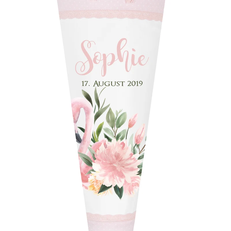 Schöne Schultüte aus rosa Stoff mit einem Flamingo | Stoffschultüte mit Namen u. Einschulungsdatum des Mädchens | Optional mit Füllkissen und Spitzenschutz