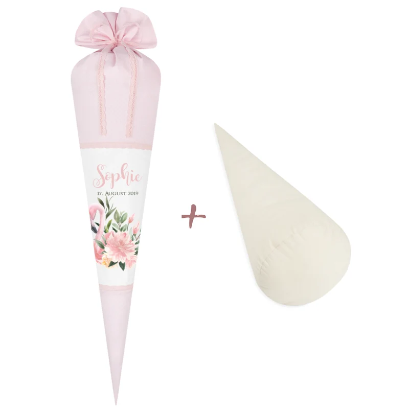 Schöne Schultüte aus rosa Stoff mit einem Flamingo | Stoffschultüte mit Namen u. Einschulungsdatum des Mädchens | Optional mit Füllkissen und Spitzenschutz