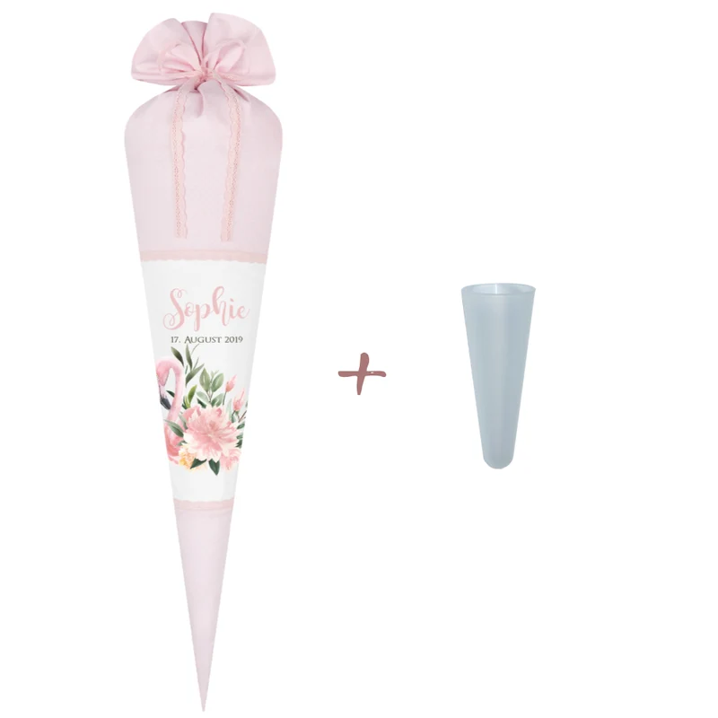 Schöne Schultüte aus rosa Stoff mit einem Flamingo | Stoffschultüte mit Namen u. Einschulungsdatum des Mädchens | Optional mit Füllkissen und Spitzenschutz